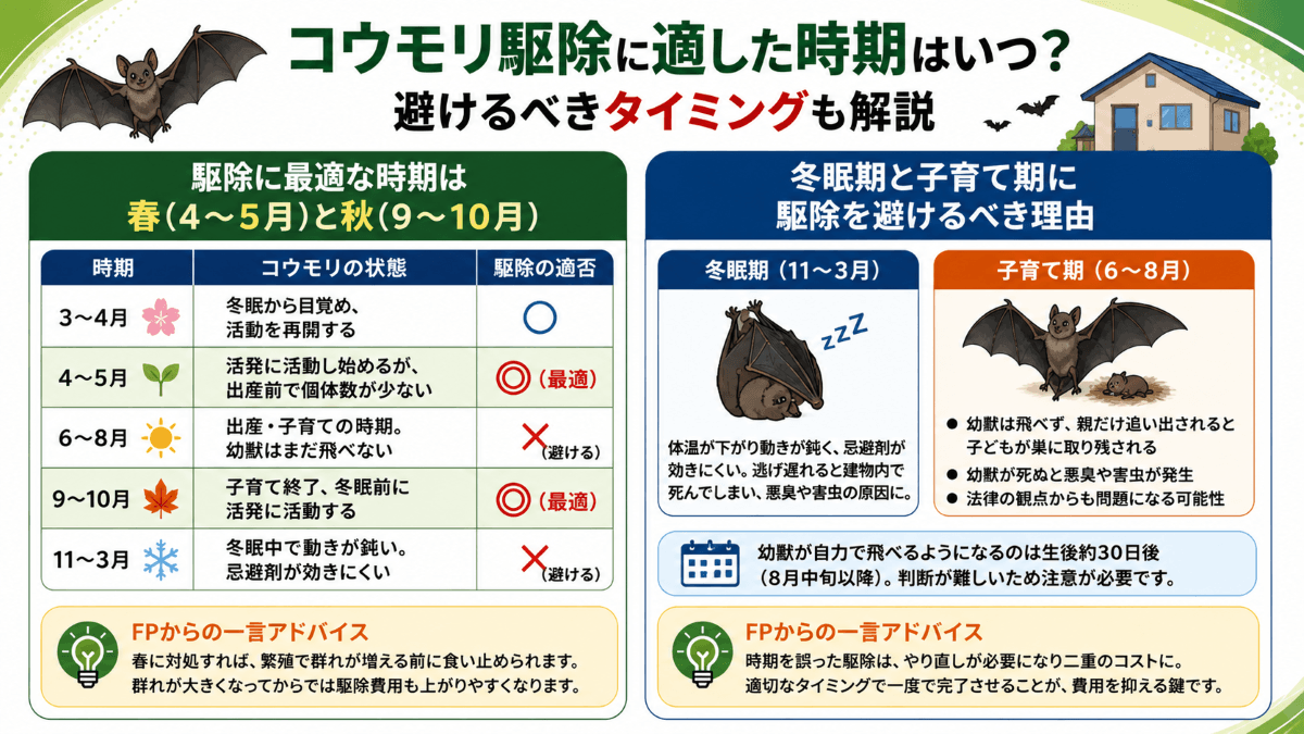 コウモリ駆除に適した時期はいつ？避けるべきタイミングも解説