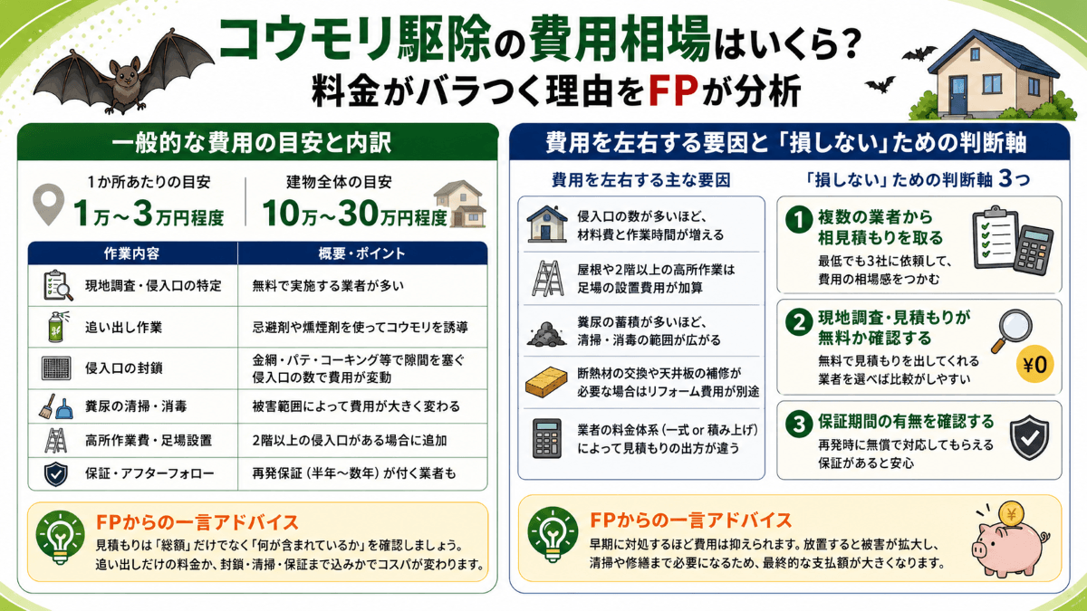 コウモリ駆除の費用相場はいくら？料金がバラつく理由をFPが分析