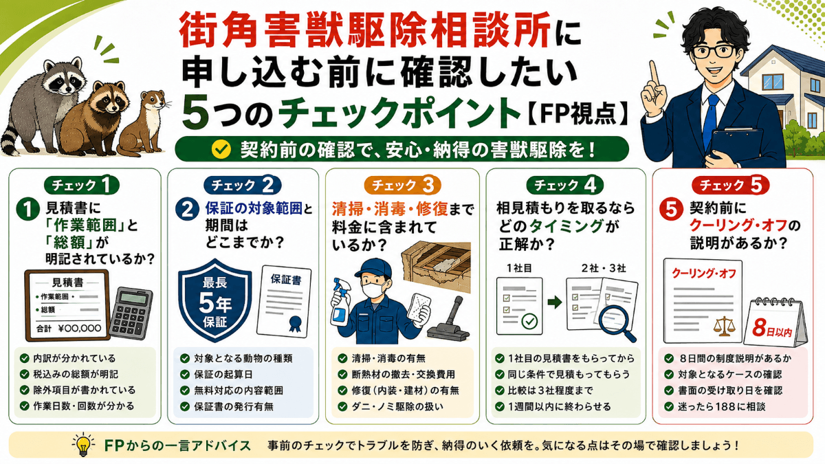 街角害獣駆除相談所に申し込む前に確認したい5つのチェックポイント【FP視点】
