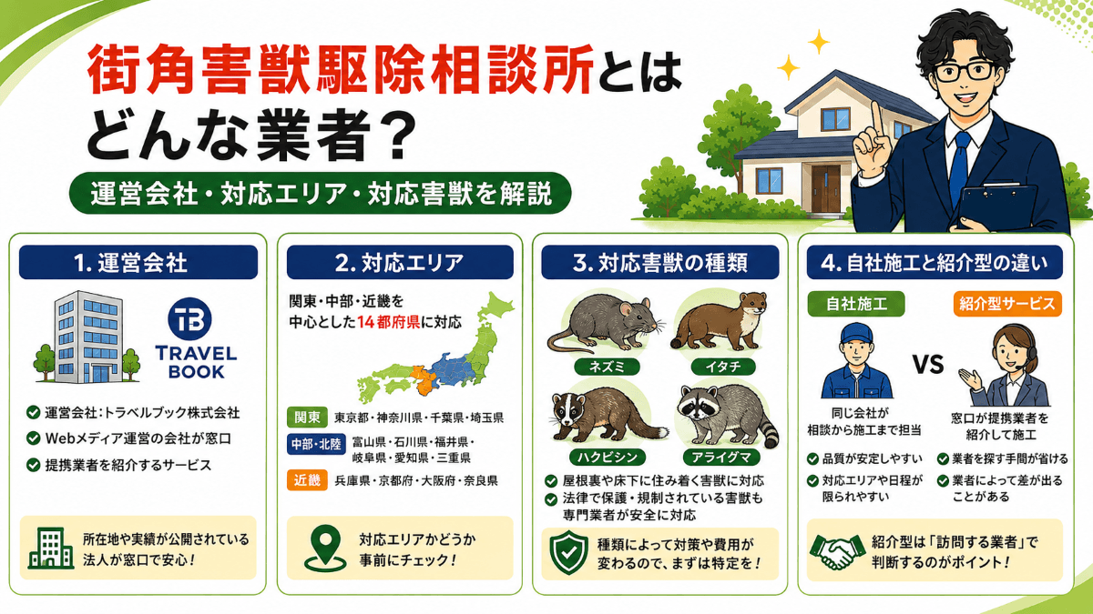 街角害獣駆除相談所とはどんな業者?運営会社・対応エリア・対応害獣