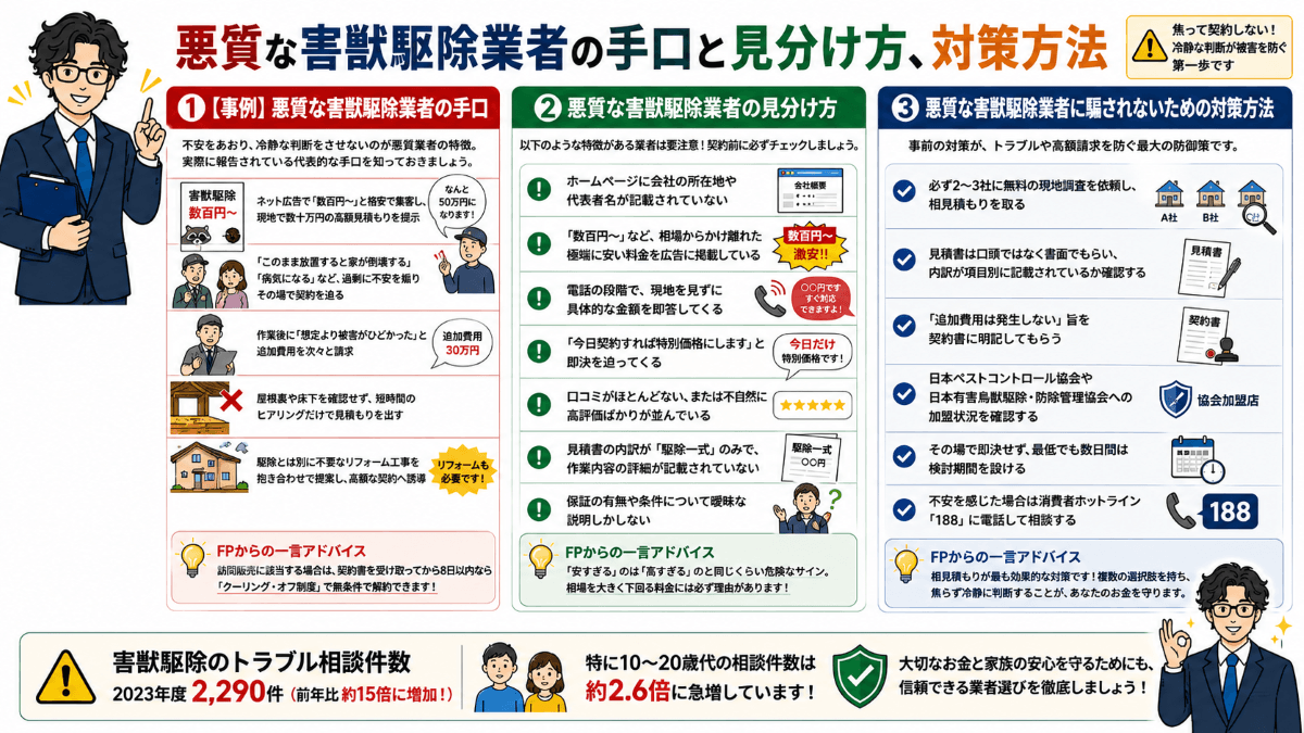 悪質な害獣駆除業者の手口と見分け方、対策方法