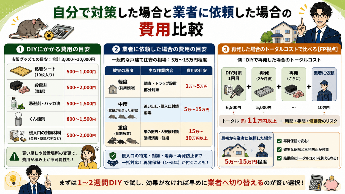 自分で対策した場合と業者に依頼した場合の費用比較
