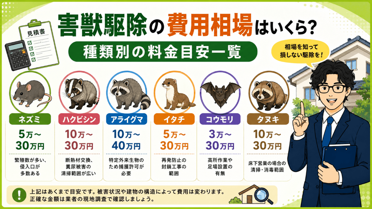 害獣駆除の費用相場はいくら?種類別の料金目安一覧