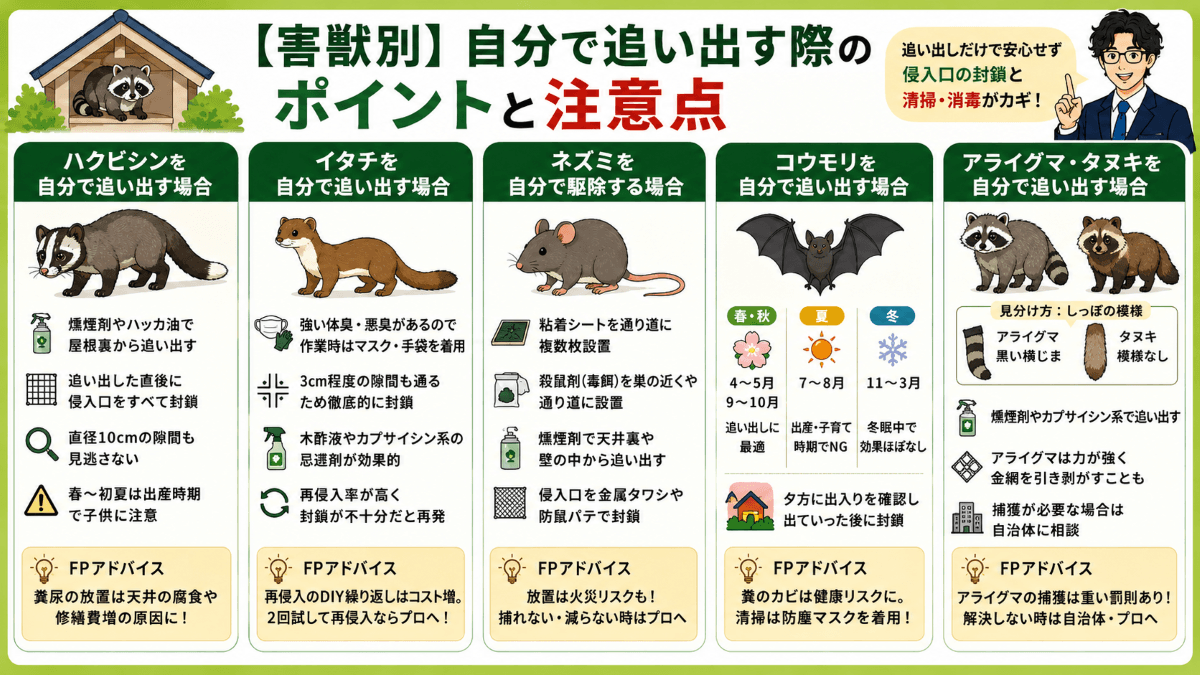 【害獣別】自分で追い出す際のポイントと注意点