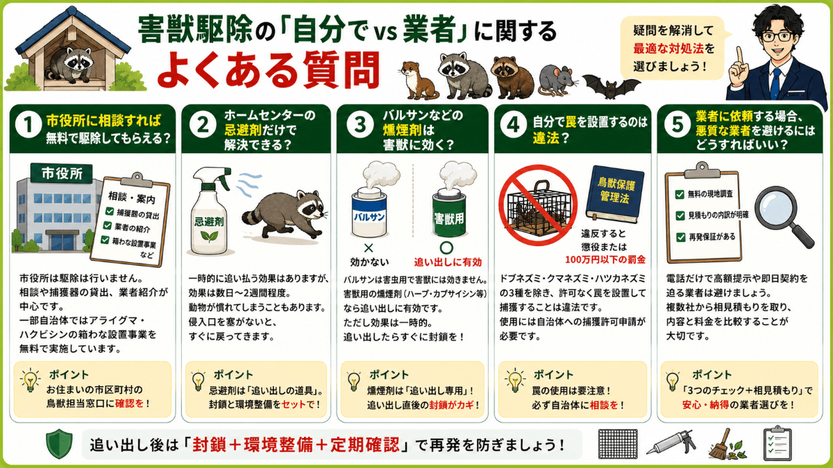 害獣駆除の「自分で vs 業者」に関するよくある質問
