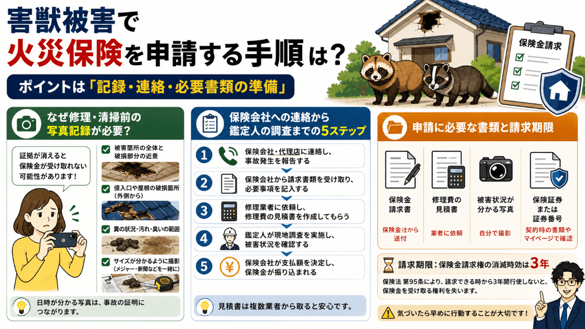 害獣被害で火災保険を申請する手順は?