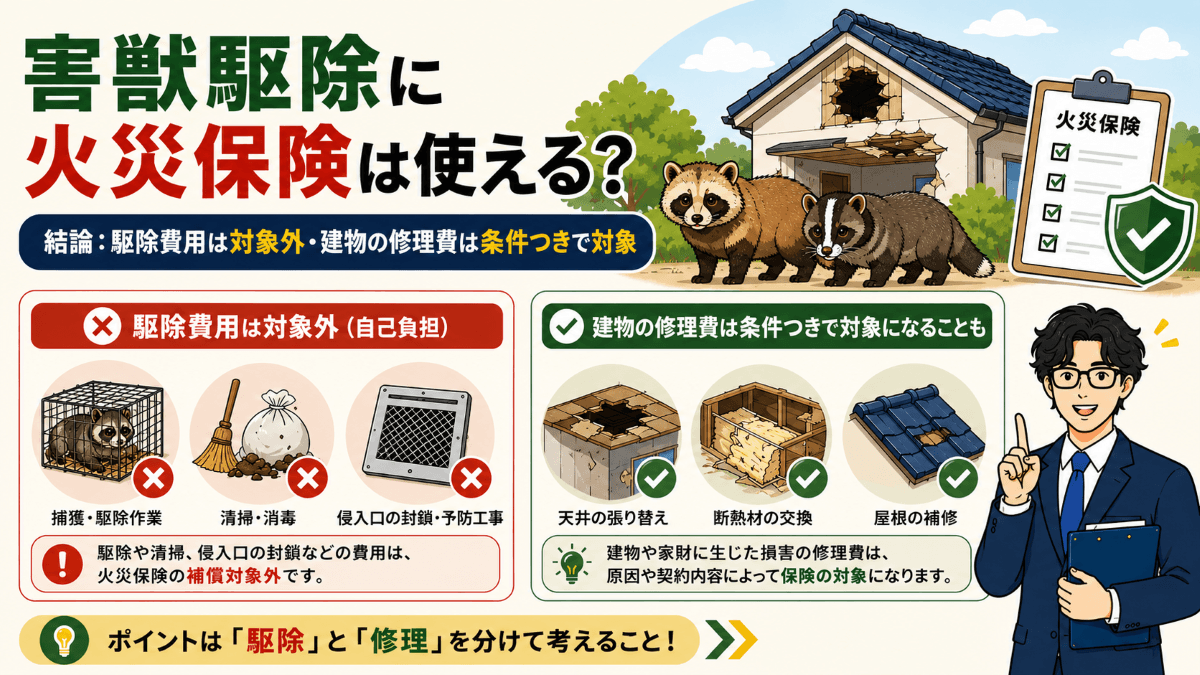 害獣駆除に火災保険は使える?結論は「駆除費用は対象外・建物の修理費は条件つきで対象」