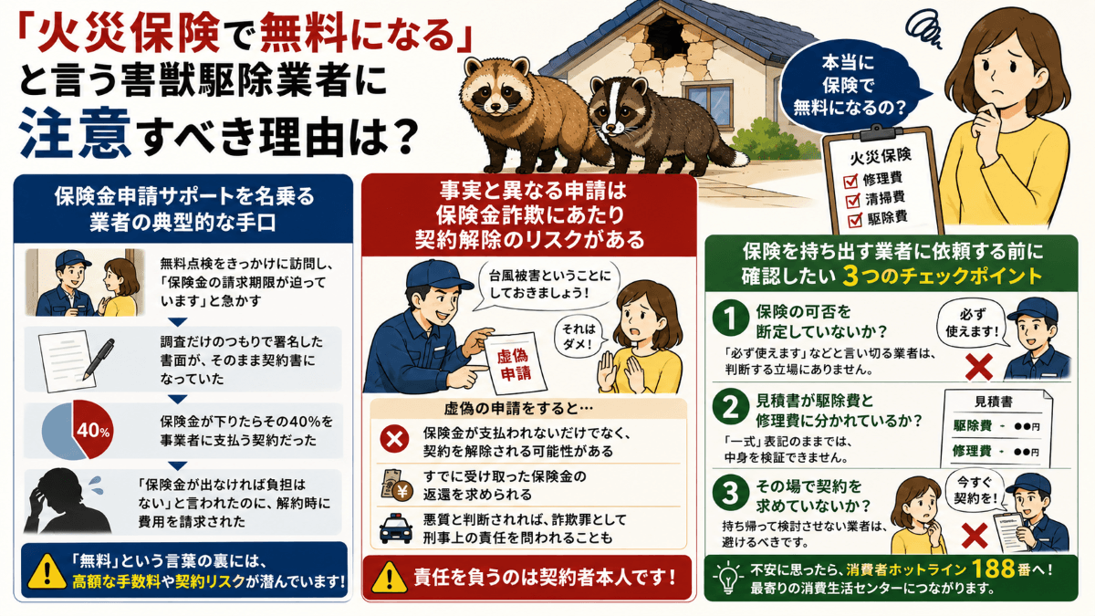 「火災保険で無料になる」と言う害獣駆除業者に注意すべき理由は?