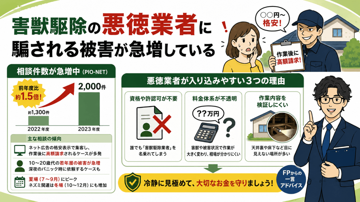 害獣駆除の悪徳業者に騙される被害が急増している