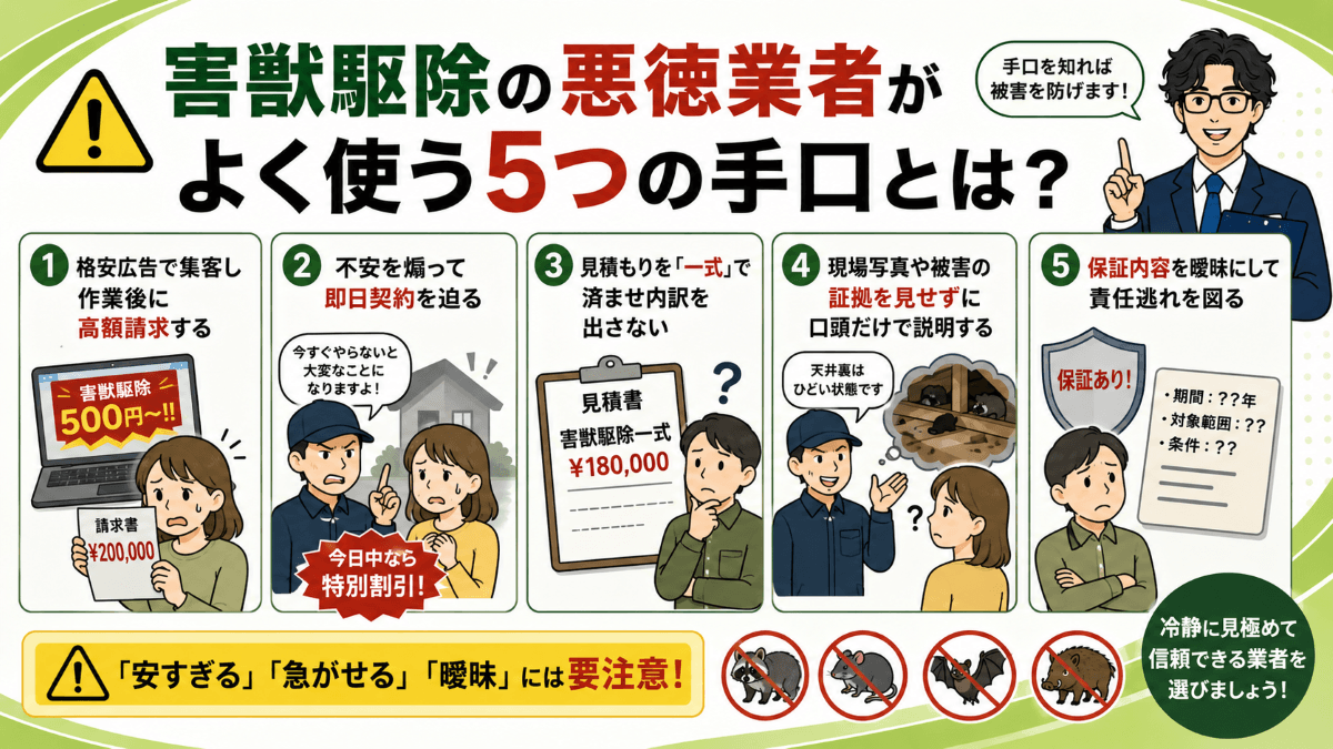 害獣駆除の悪徳業者がよく使う5つの手口とは？