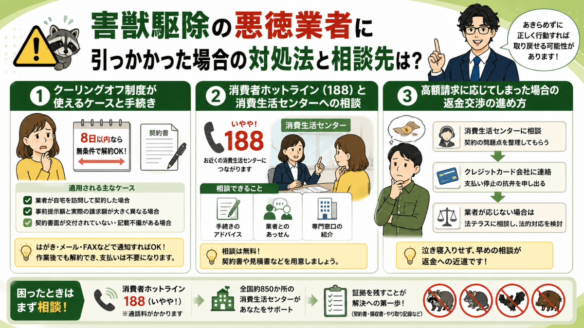 害獣駆除の悪徳業者に引っかかった場合の対処法と相談先は？