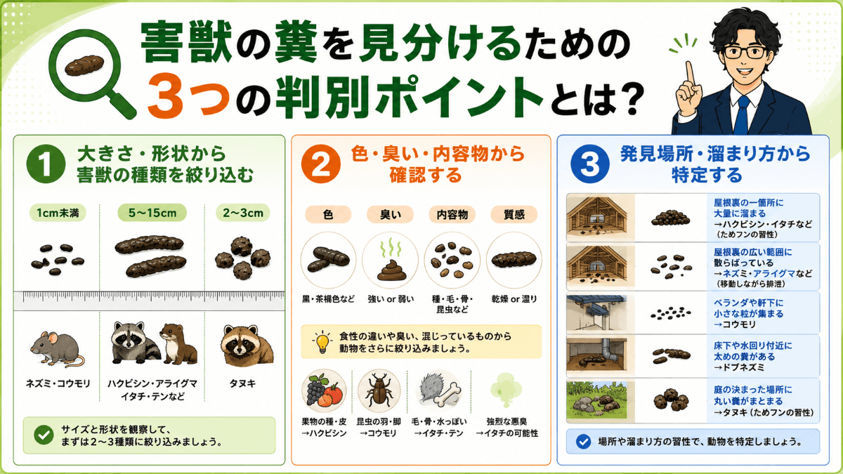 害獣の糞を見分けるための3つの判別ポイントとは?