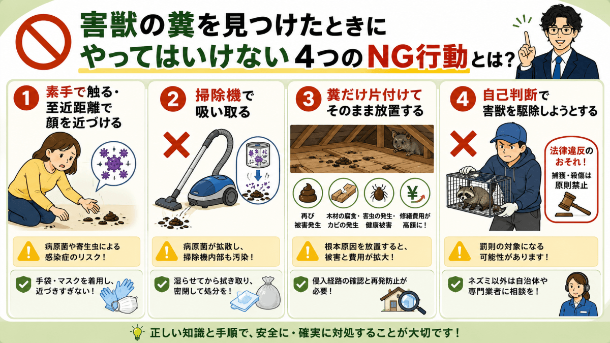 害獣の糞を見つけたときにやってはいけない4つのNG行動とは?