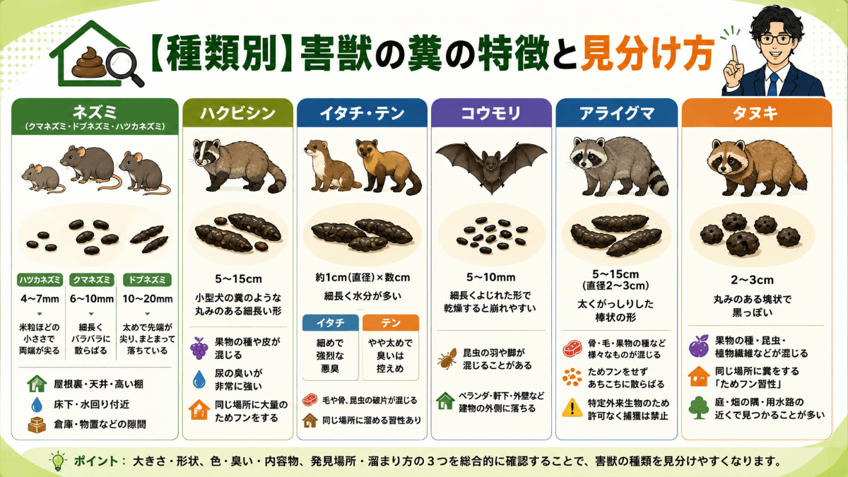 【種類別】害獣の糞の特徴と見分け方