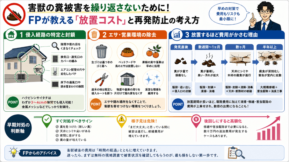 害獣の糞被害を繰り返さないために!FPが教える「放置コスト」と再発防止の考え方
