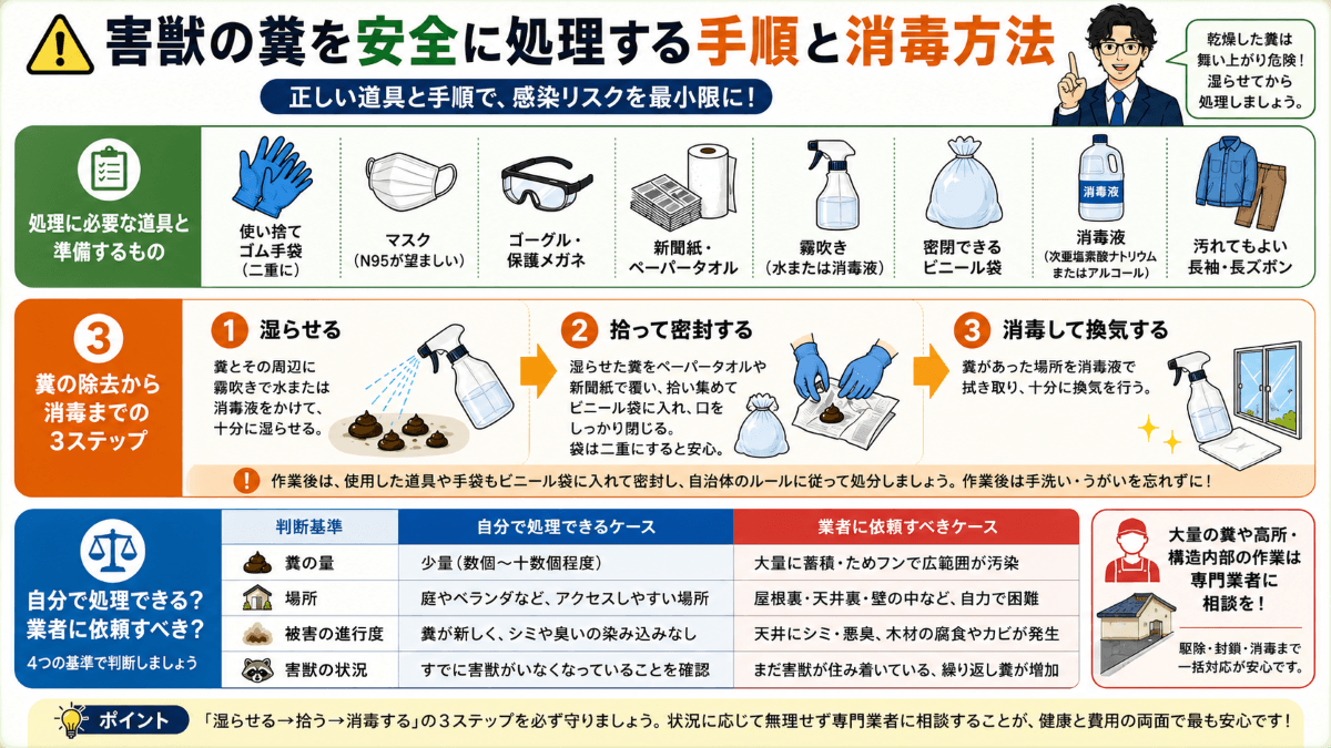 害獣の糞を安全に処理する手順と消毒方法
