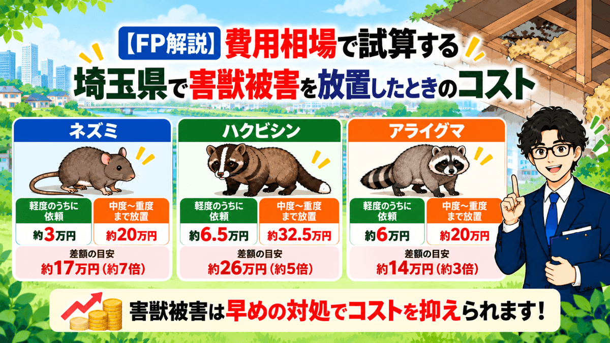 【FP解説】費用相場で試算する埼玉県で害獣被害を放置したときのコスト