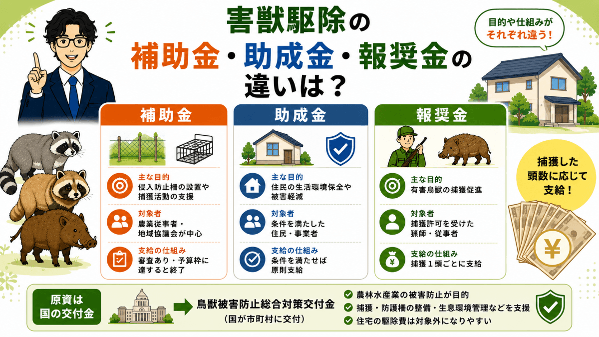 害獣駆除の補助金・助成金・報奨金の違いは?