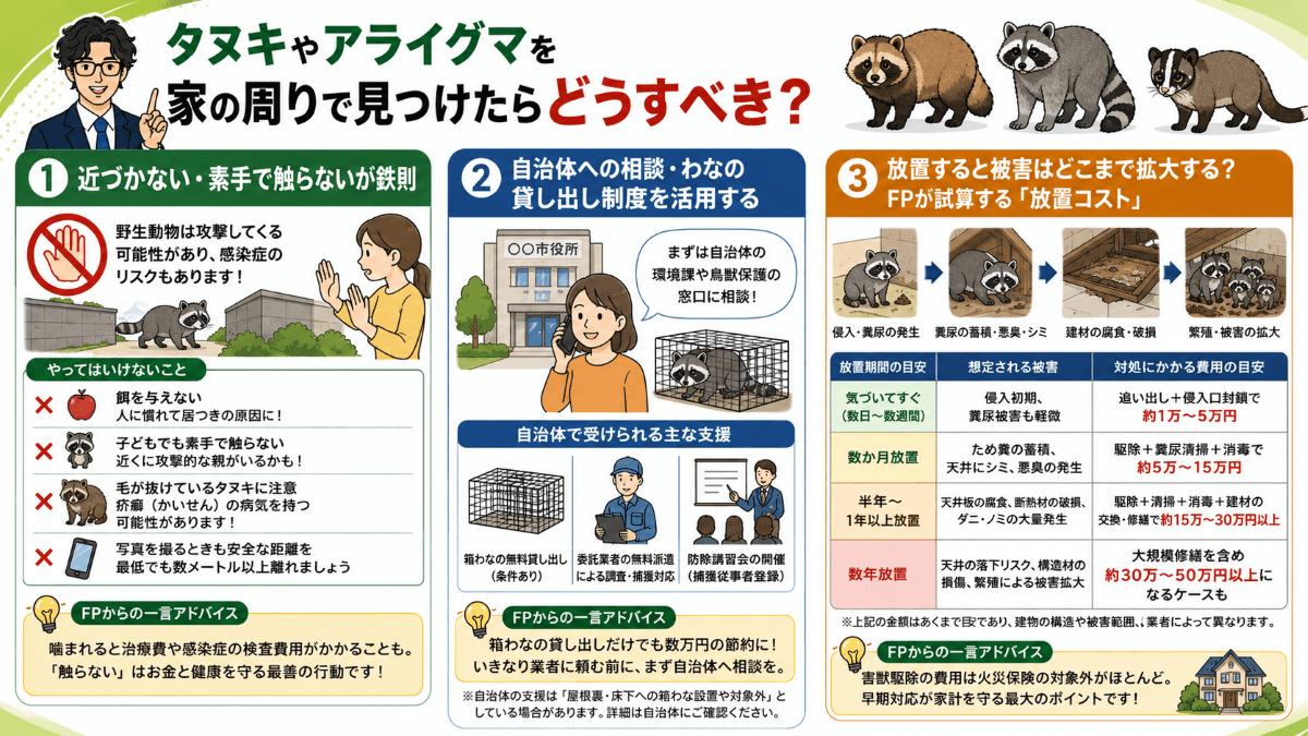 タヌキやアライグマを家の周りで見つけたらどうすべき?