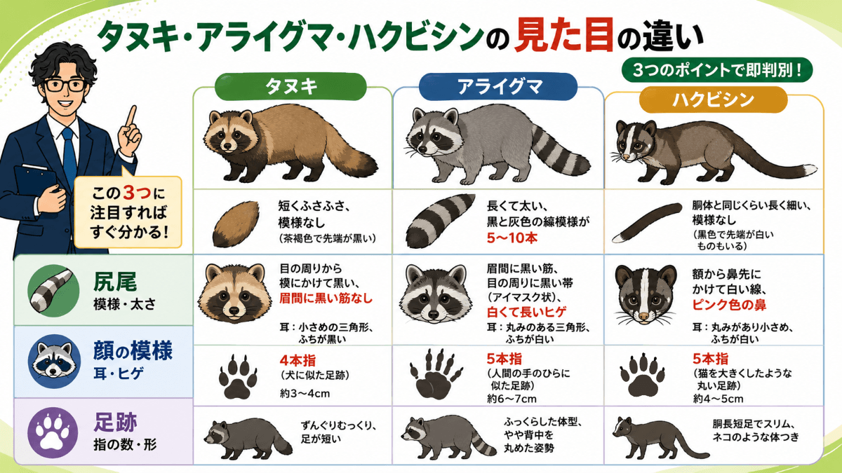 タヌキ・アライグマ・ハクビシンの見た目の違いは?【比較表で即判別】