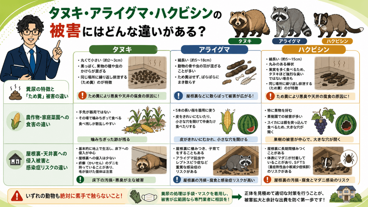 タヌキ・アライグマ・ハクビシンの被害にはどんな違いがある?
