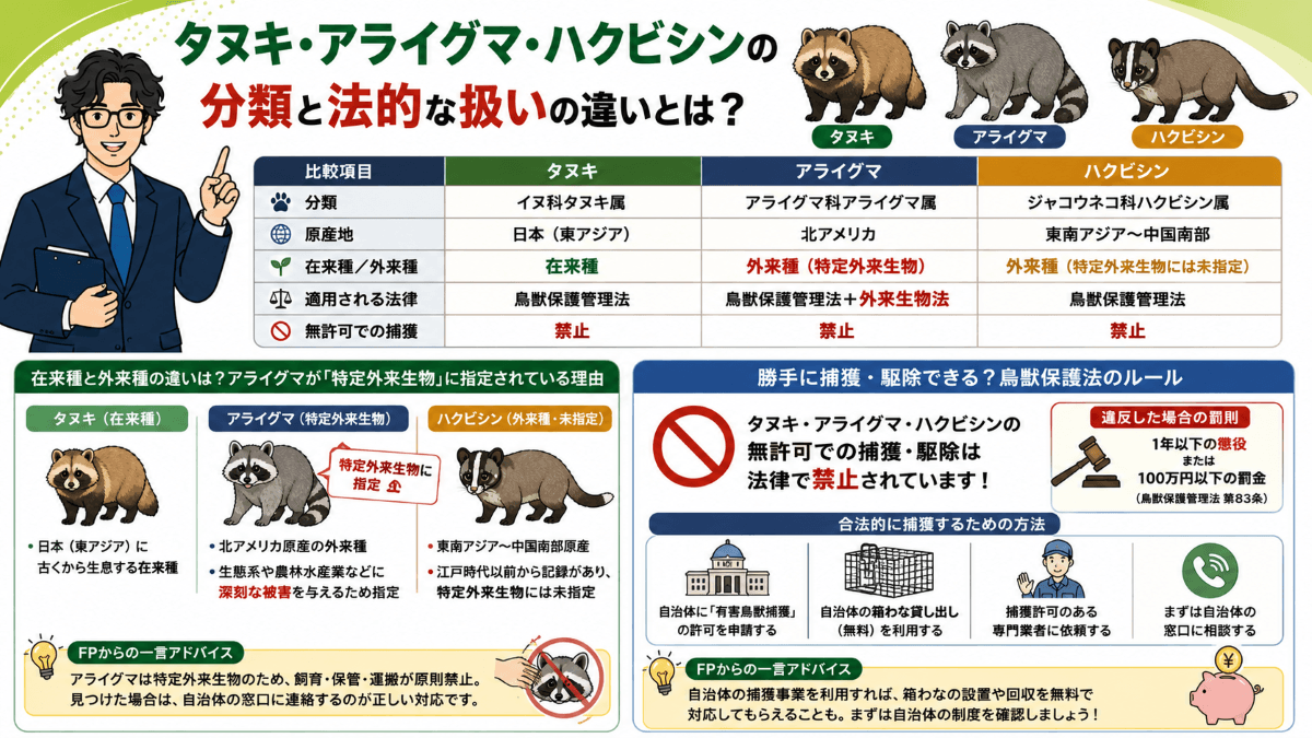 タヌキ・アライグマ・ハクビシンの分類と法的な扱いの違いとは?