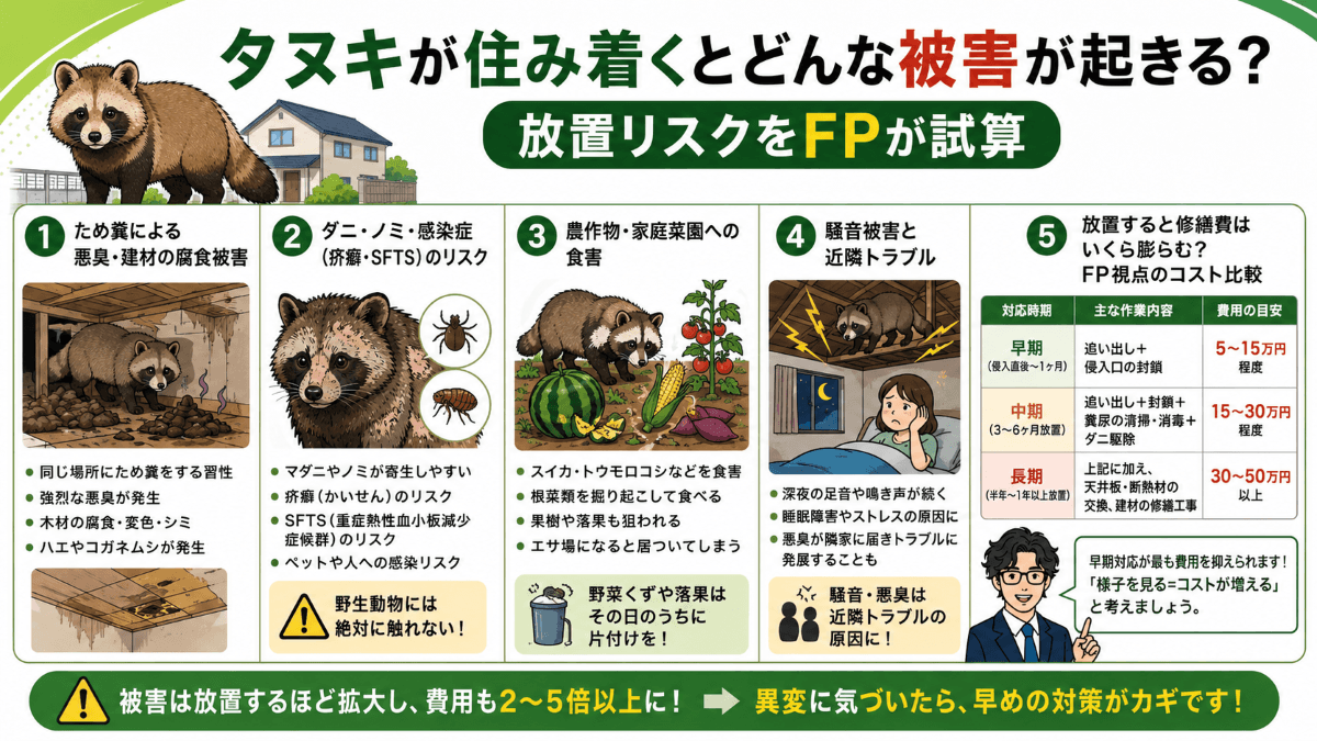タヌキが住み着くとどんな被害が起きる?放置リスクをFPが試算
