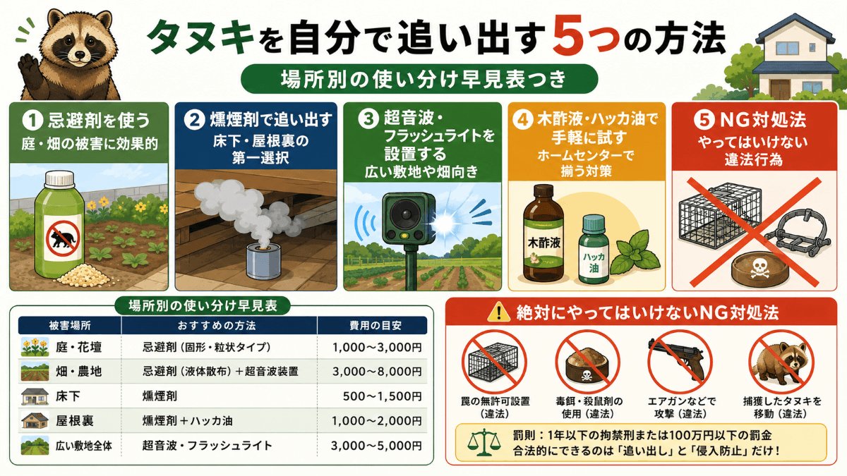 タヌキを自分で追い出す5つの方法【場所別の使い分け早見表つき】