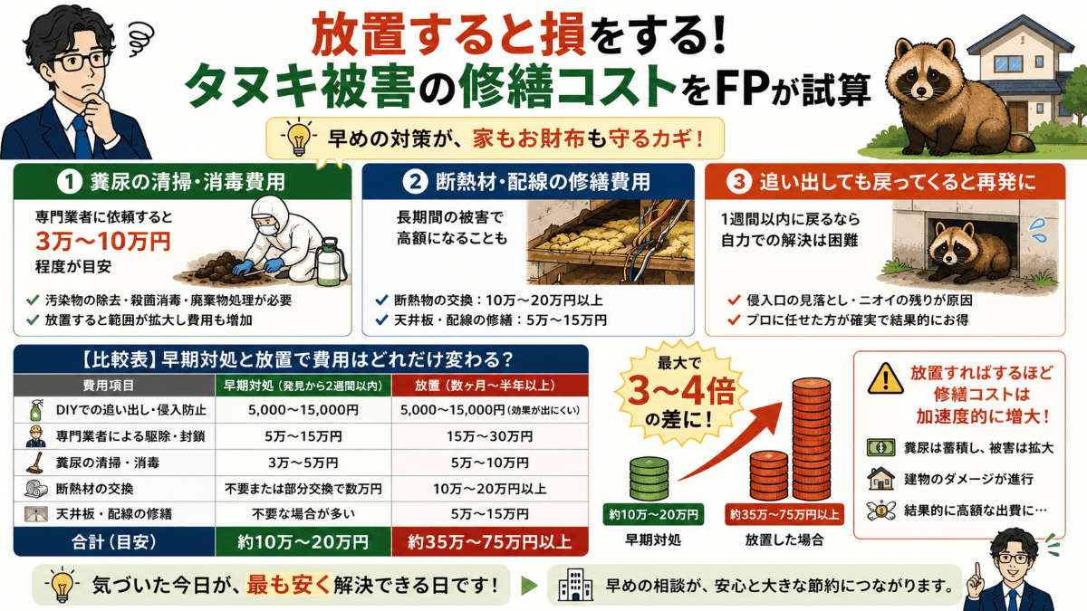 放置すると損をする!タヌキ被害の修繕コストをFPが試算