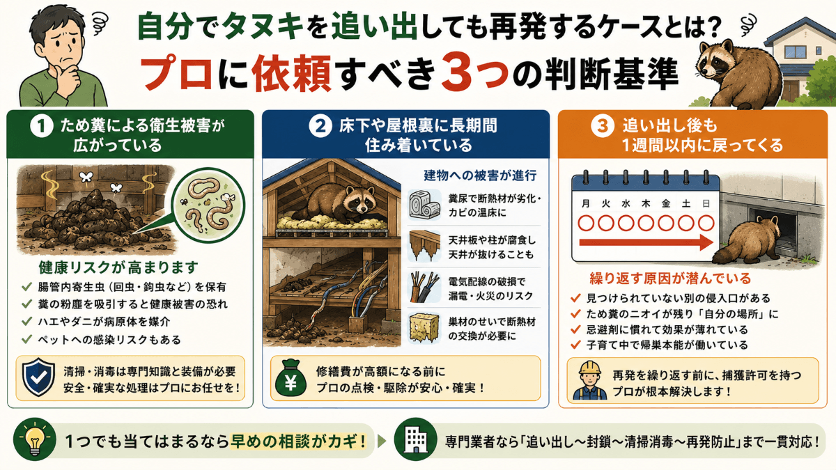 自分でタヌキを追い出しても再発するケースとは?プロに依頼すべき3つの判断基準