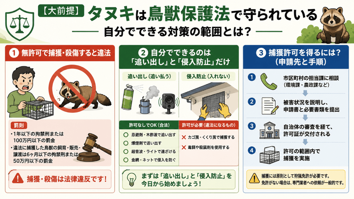 【大前提】タヌキは鳥獣保護法で守られている|自分でできる対策の範囲とは?