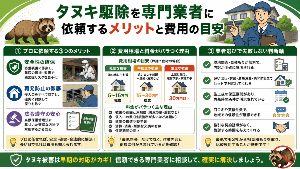 タヌキ駆除を専門業者に依頼するメリットと費用の目安